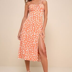 Lulus Party In Paris Light Orange Print Tie-strap Midi Dress - Size M